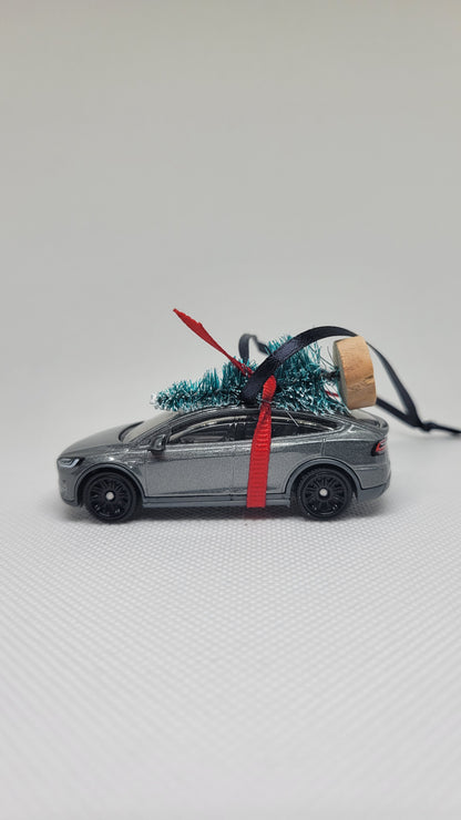 Christmas Ornament with Tree Tesla Model X Gray | Gift Ideas 2023 | Handmade in USA