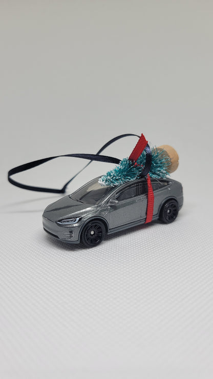 Christmas Ornament with Tree Tesla Model X Gray | Gift Ideas 2023 | Handmade in USA