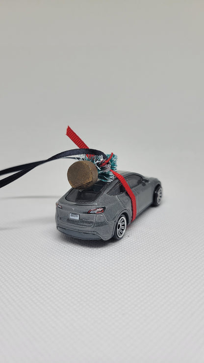 Christmas Ornament with Tree Tesla Model Y Gray | Gift Ideas 2023 | Handmade in USA