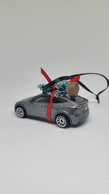 Christmas Ornament with Tree Tesla Model Y Gray | Gift Ideas 2023 | Handmade in USA