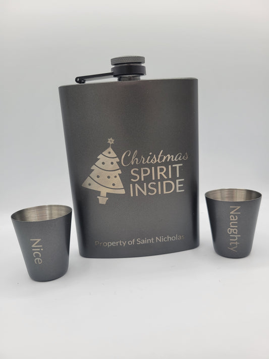 Christmas Spirit 7.2 oz Flask and Mini Shot Glasses Set with Never-Lose Cap, Wide Mouth Stainless Steel Hip Flask Saint Nicholas Naughty Or Nice