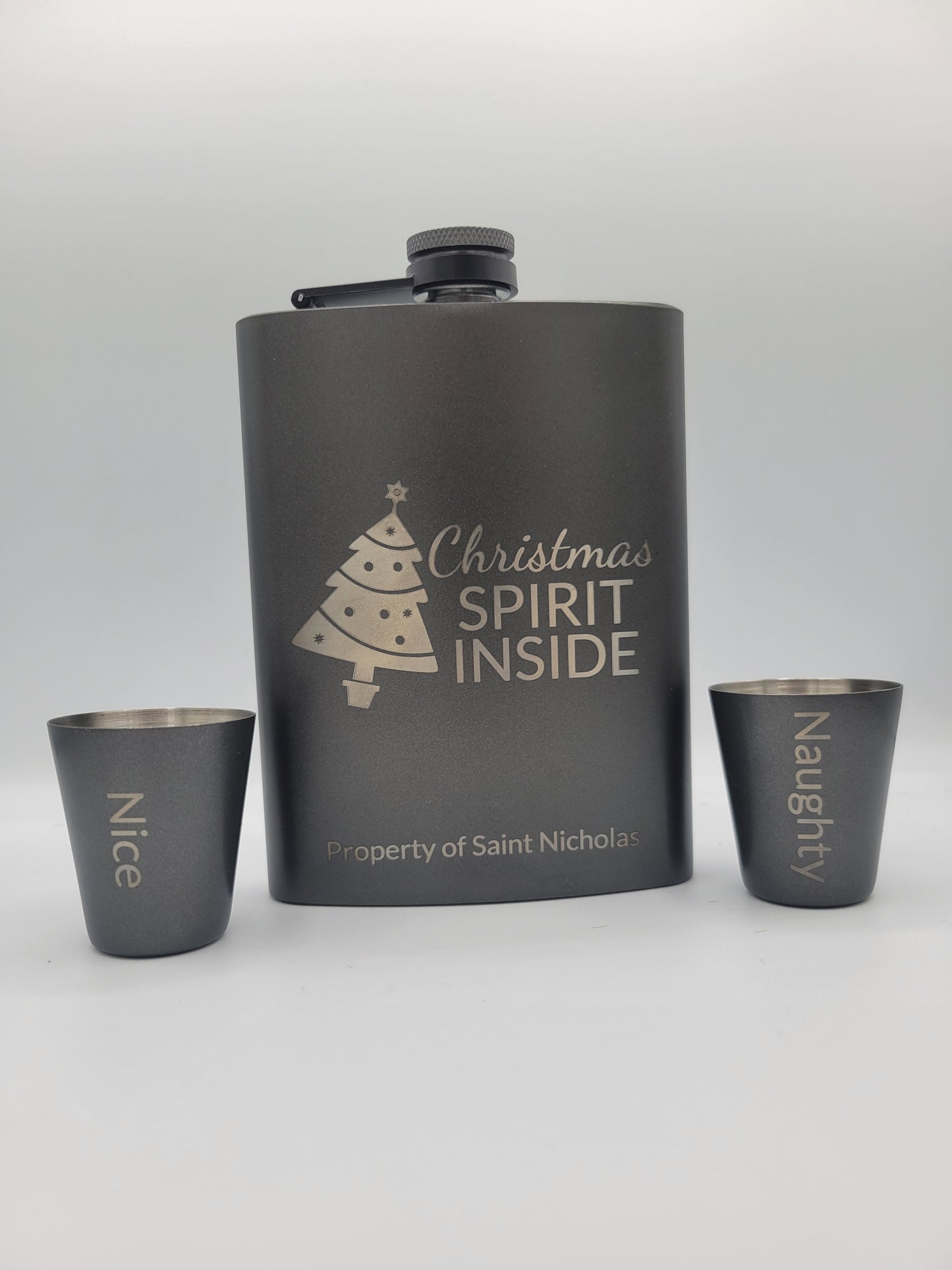 Christmas Spirit 7.2 oz Flask and Mini Shot Glasses Set with Never-Lose Cap, Wide Mouth Stainless Steel Hip Flask Saint Nicholas Naughty Or Nice