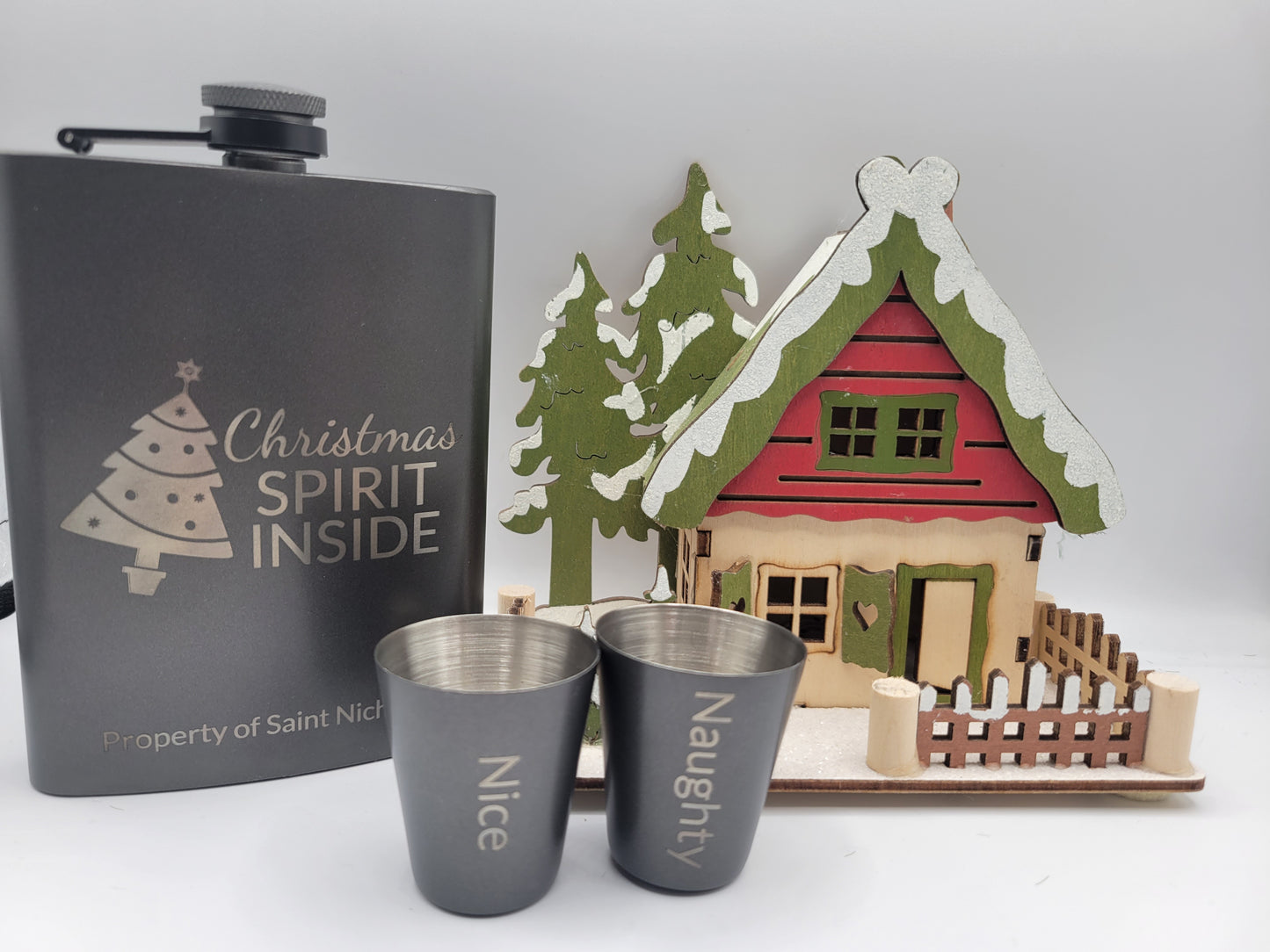 Christmas Spirit 7.2 oz Flask and Mini Shot Glasses Set with Never-Lose Cap, Wide Mouth Stainless Steel Hip Flask Saint Nicholas Naughty Or Nice