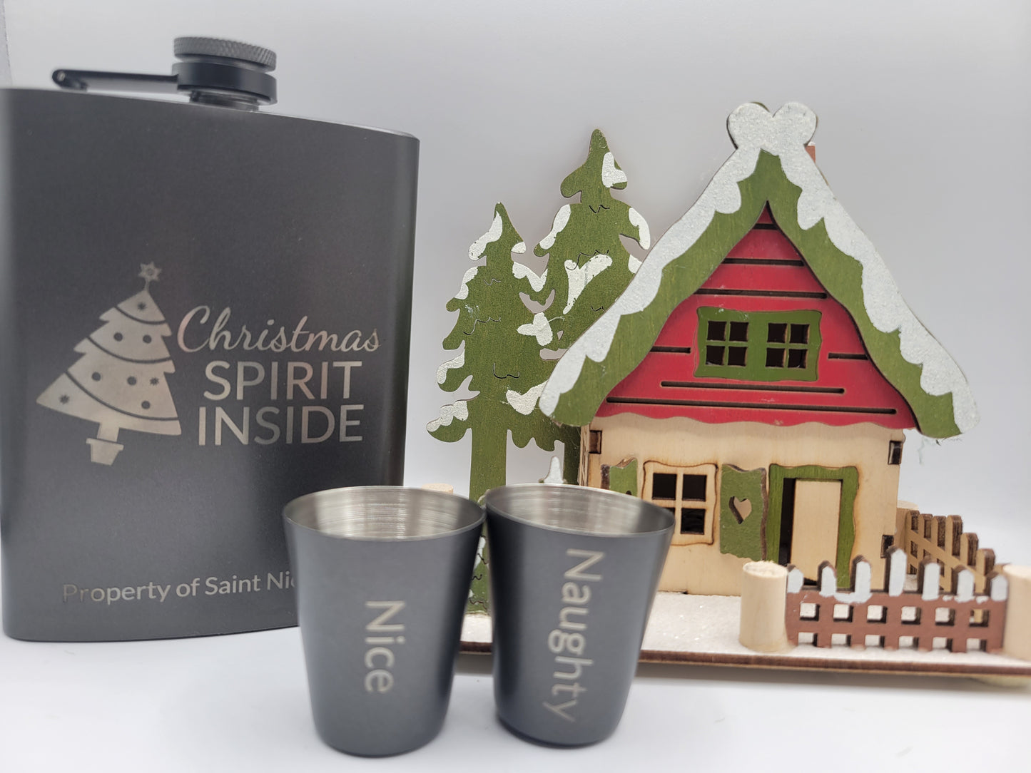 Christmas Spirit 7.2 oz Flask and Mini Shot Glasses Set with Never-Lose Cap, Wide Mouth Stainless Steel Hip Flask Saint Nicholas Naughty Or Nice