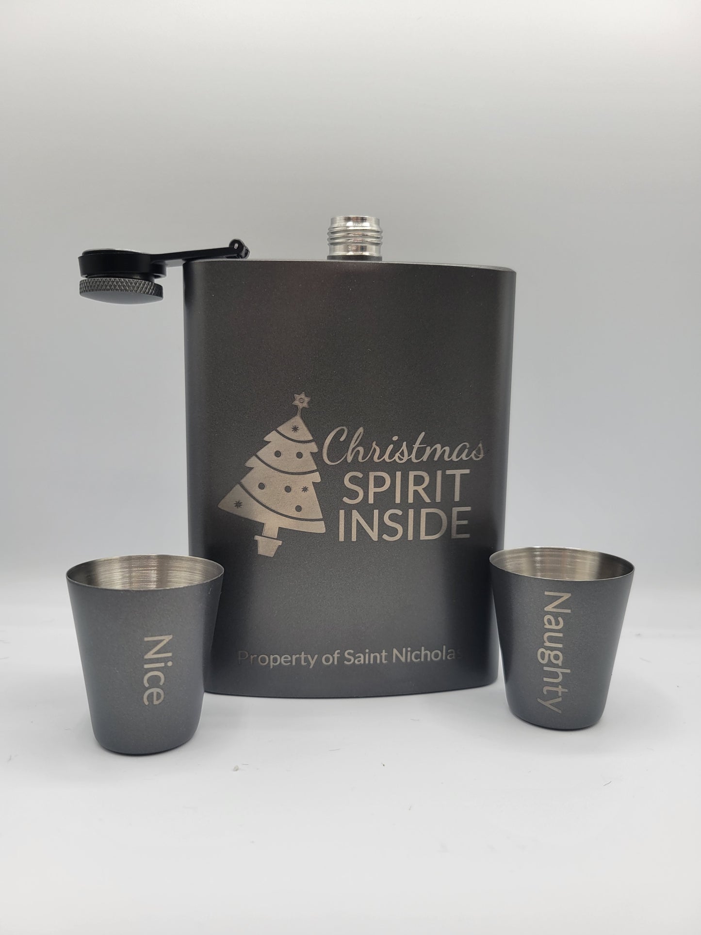 Christmas Spirit 7.2 oz Flask and Mini Shot Glasses Set with Never-Lose Cap, Wide Mouth Stainless Steel Hip Flask Saint Nicholas Naughty Or Nice