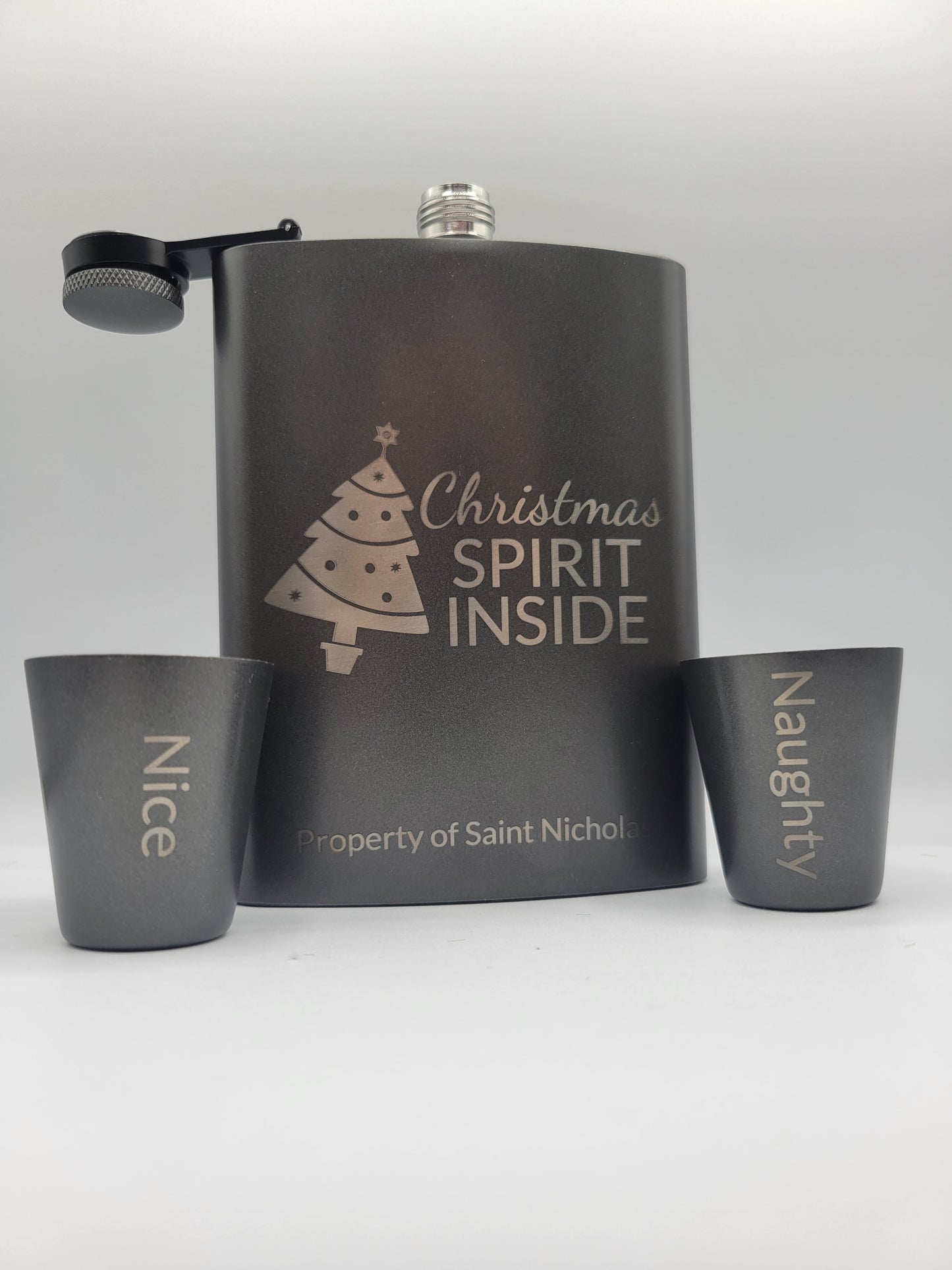 Christmas Spirit 7.2 oz Flask and Mini Shot Glasses Set with Never-Lose Cap, Wide Mouth Stainless Steel Hip Flask Saint Nicholas Naughty Or Nice