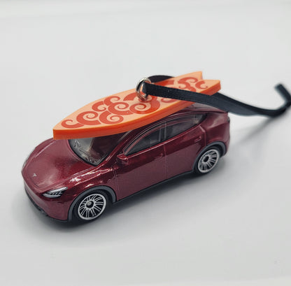 Tesla Model Y Red Diecast Christmas Ornament with Surfboard on Roof – Color of Surfboard May Vary – Perfect Holiday Decoration for Car Enthusiasts