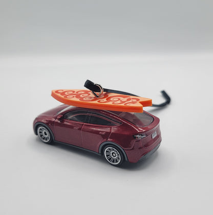 Tesla Model Y Red Diecast Christmas Ornament with Surfboard on Roof – Color of Surfboard May Vary – Perfect Holiday Decoration for Car Enthusiasts