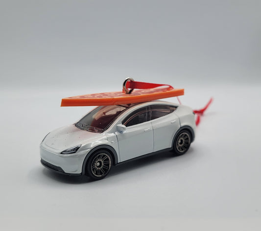 Tesla Model Y White Diecast Christmas Ornament with Surfboard on Roof – Color of Surfboard May Vary – Perfect Holiday Decoration for Car Enthusiasts