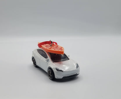 Tesla Model Y White Diecast Christmas Ornament with Surfboard on Roof – Color of Surfboard May Vary – Perfect Holiday Decoration for Car Enthusiasts