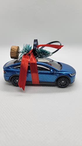 3" Christmas Ornament with Tree for Tesla Model X Blue Owners by Speedtails | Christmas Gifts 2021 | Handmade in USA