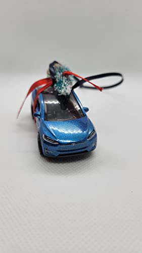 3" Christmas Ornament with Tree for Tesla Model X Blue Owners by Speedtails | Christmas Gifts 2021 | Handmade in USA