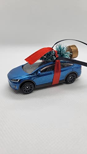 3" Christmas Ornament with Tree for Tesla Model X Blue Owners by Speedtails | Christmas Gifts 2021 | Handmade in USA