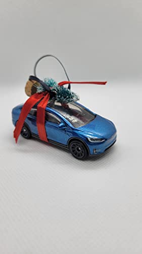 3" Christmas Ornament with Tree for Tesla Model X Blue Owners by Speedtails | Christmas Gifts 2021 | Handmade in USA